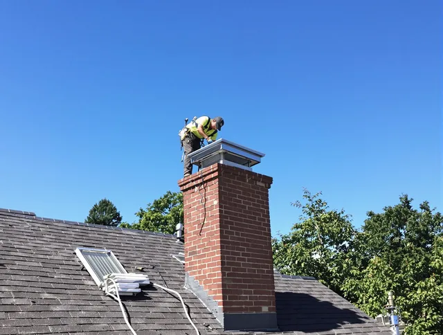Matthews Chimney Sweep technician measuring a chimney cap in Matthews, NC