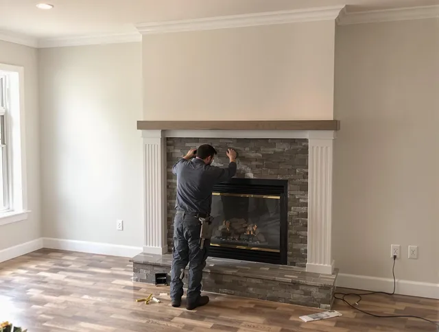 Matthews Chimney Sweep finishing a custom fireplace install in Matthews, NC